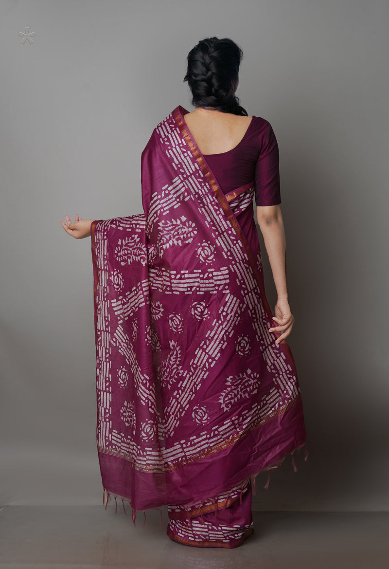 Grape Purple Pure  Batik Chanderi Silk Saree-UNM70093