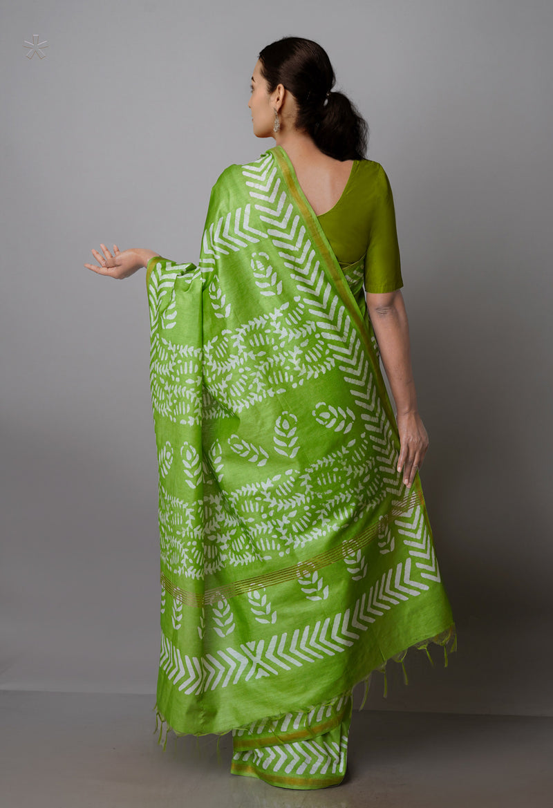 Green Pure  Batik Chanderi Silk Saree-UNM70099
