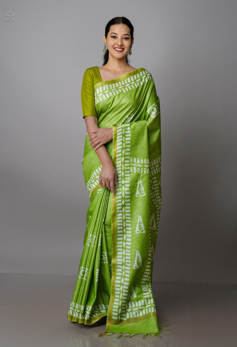 Green Pure  Batik Chanderi Silk Saree-UNM70101