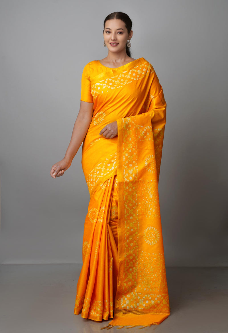 Yellow Pure  Batik Chanderi Silk Saree-UNM70102