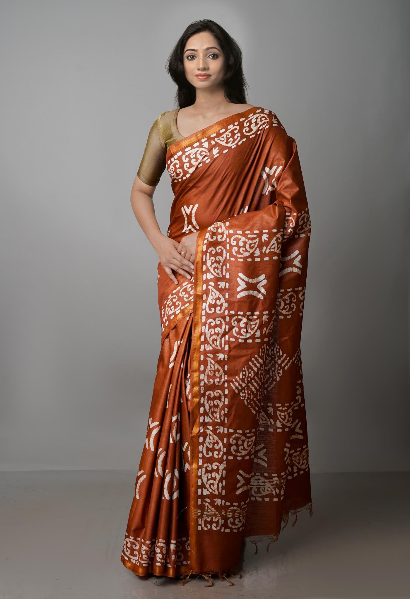 Brown Pure  Batik Chanderi Silk Saree-UNM70103