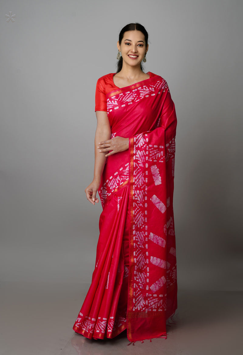 Pink Pure  Batik Chanderi Silk Saree-UNM70106