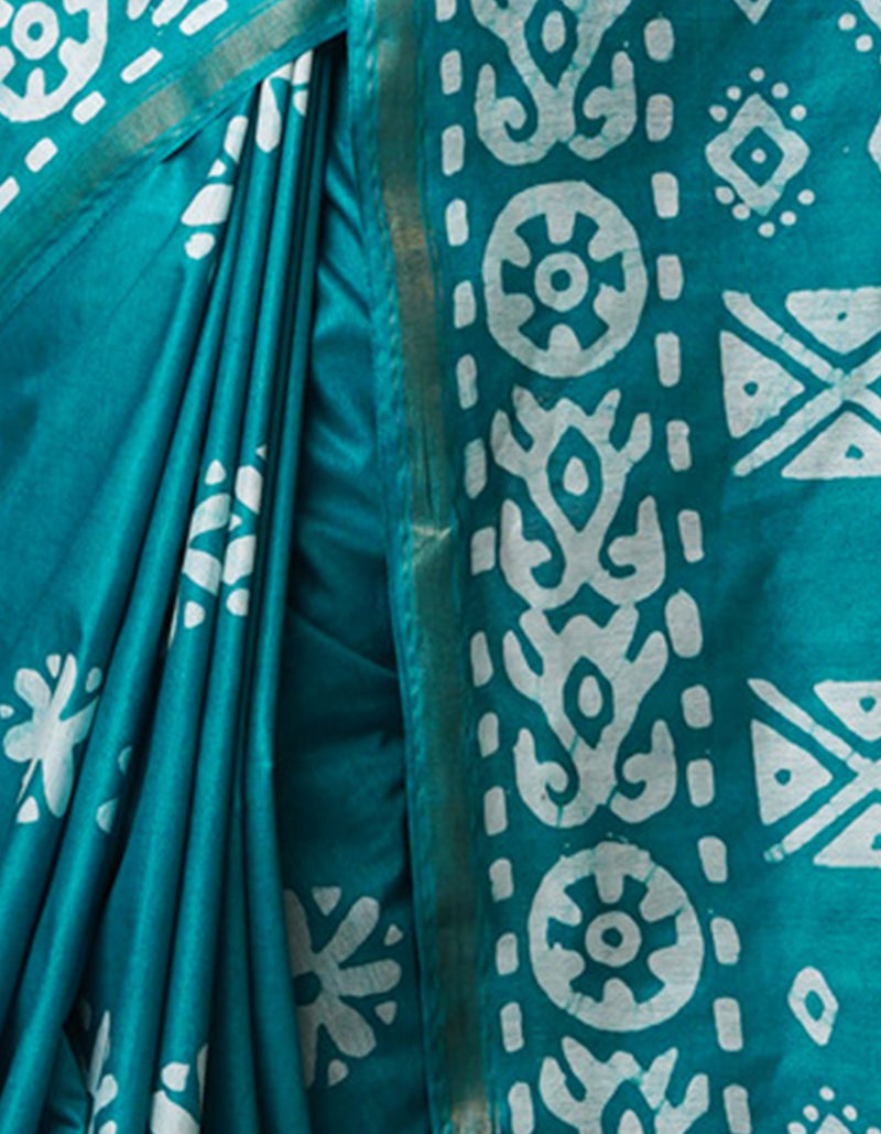 Turquoise Blue Pure  Batik Chanderi Silk Saree-UNM70107