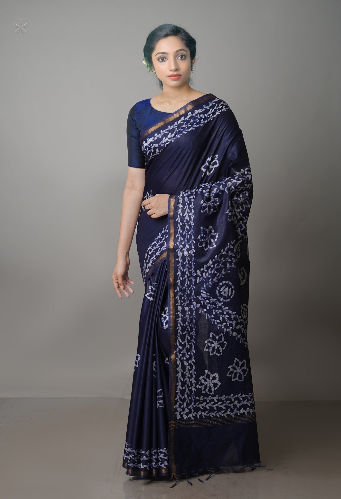 Navy Blue Pure  Batik Chanderi Silk Saree-UNM70109