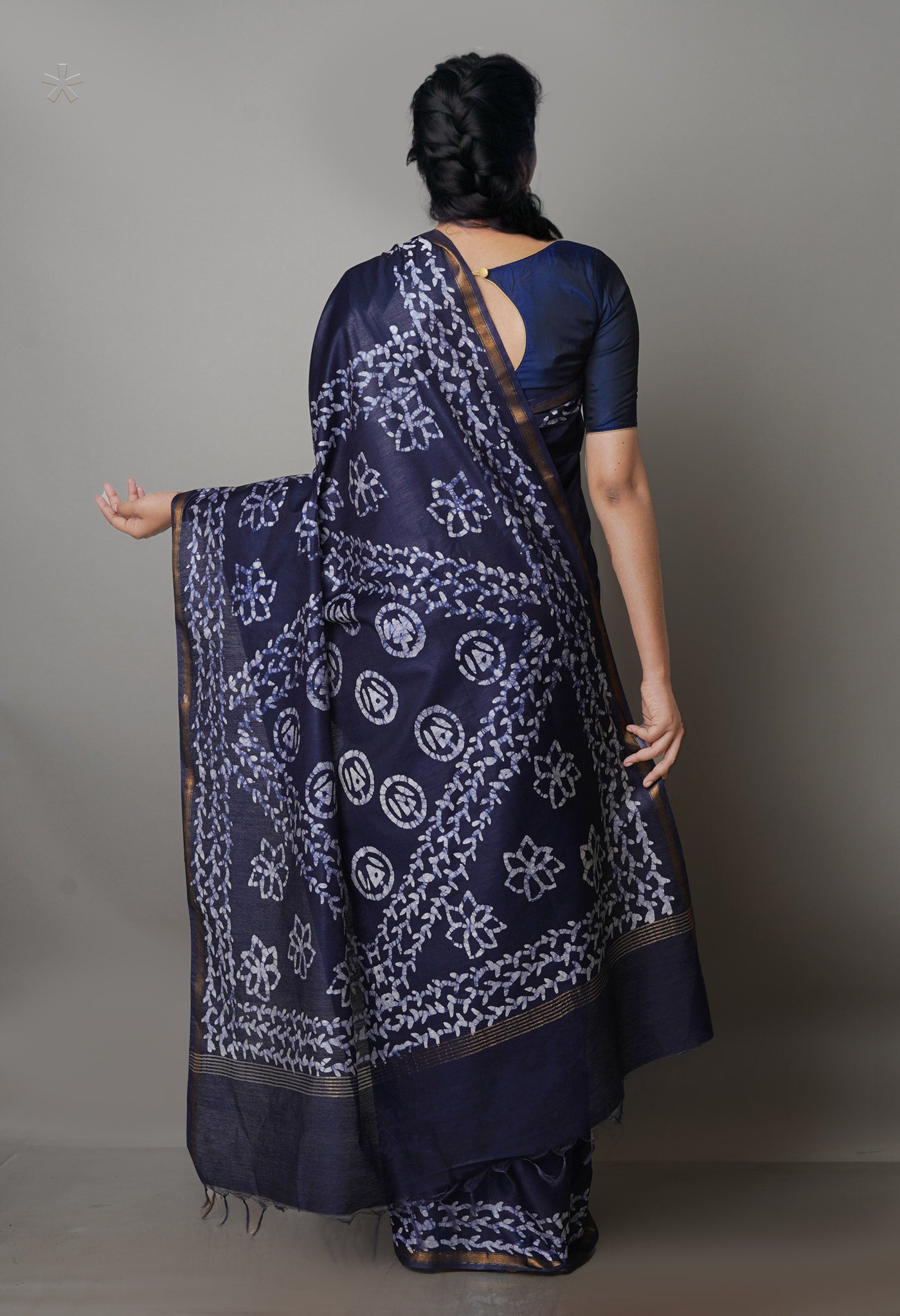 Navy Blue Pure  Batik Chanderi Silk Saree-UNM70109