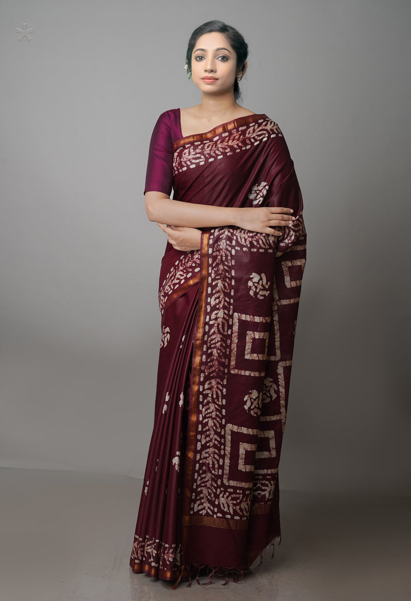 PurpleBrown Pure  Batik Chanderi Silk Saree-UNM70111