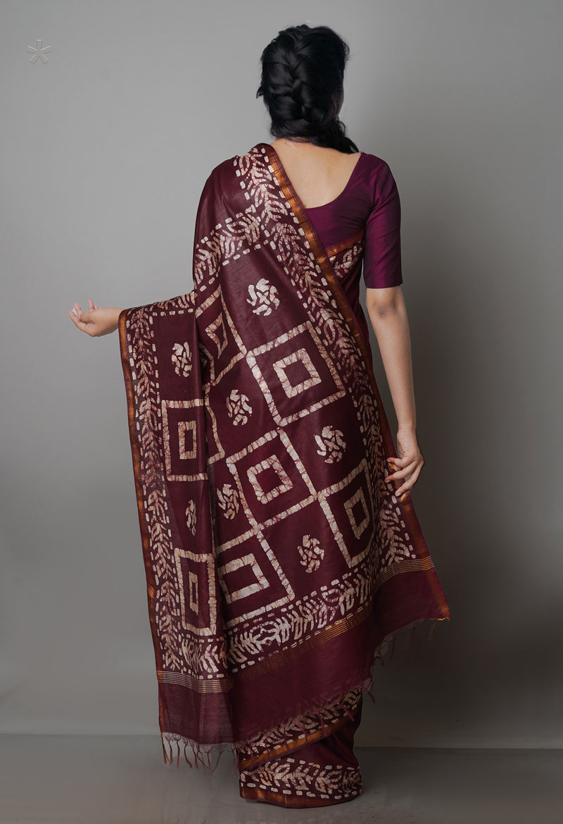 PurpleBrown Pure  Batik Chanderi Silk Saree-UNM70111