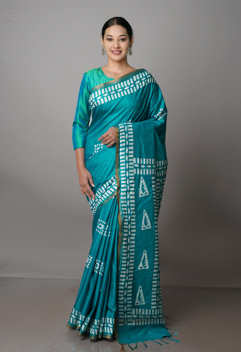 Turquoise Blue Pure  Batik Chanderi Silk Saree-UNM70114