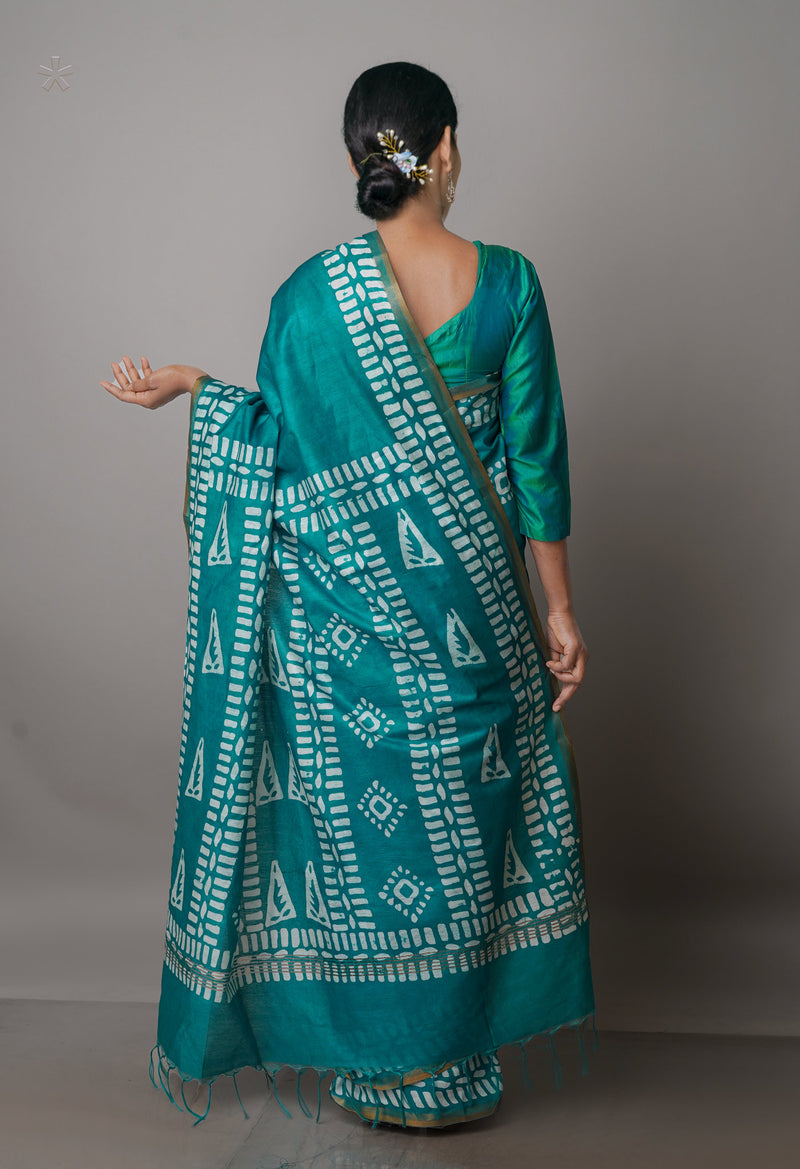 Turquoise Blue Pure  Batik Chanderi Silk Saree-UNM70114
