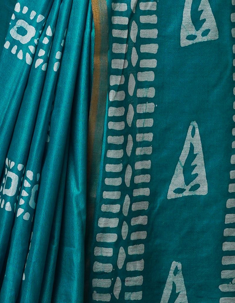 Turquoise Blue Pure  Batik Chanderi Silk Saree-UNM70114