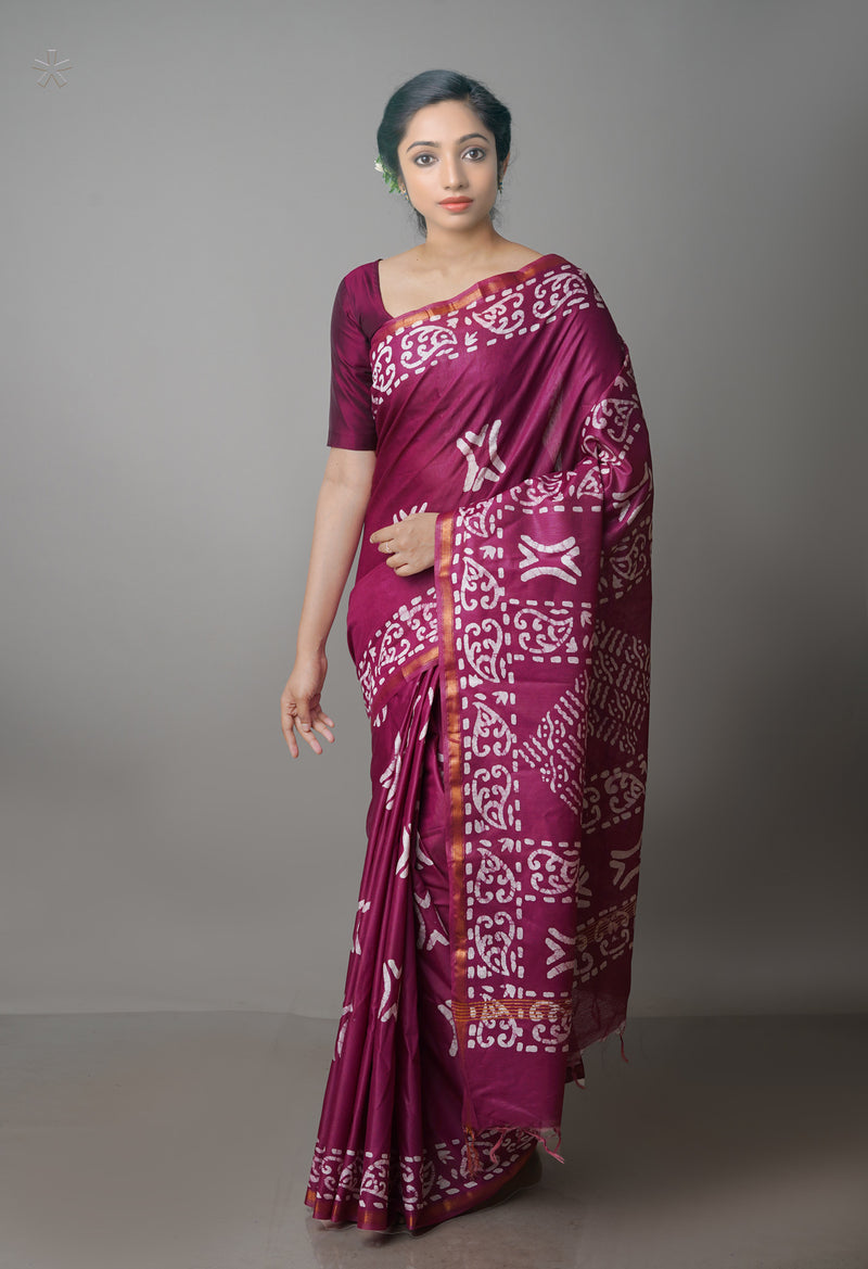 Grape Purple Pure  Batik Chanderi Silk Saree-UNM70116