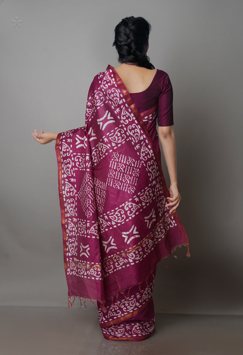 Grape Purple Pure  Batik Chanderi Silk Saree-UNM70116