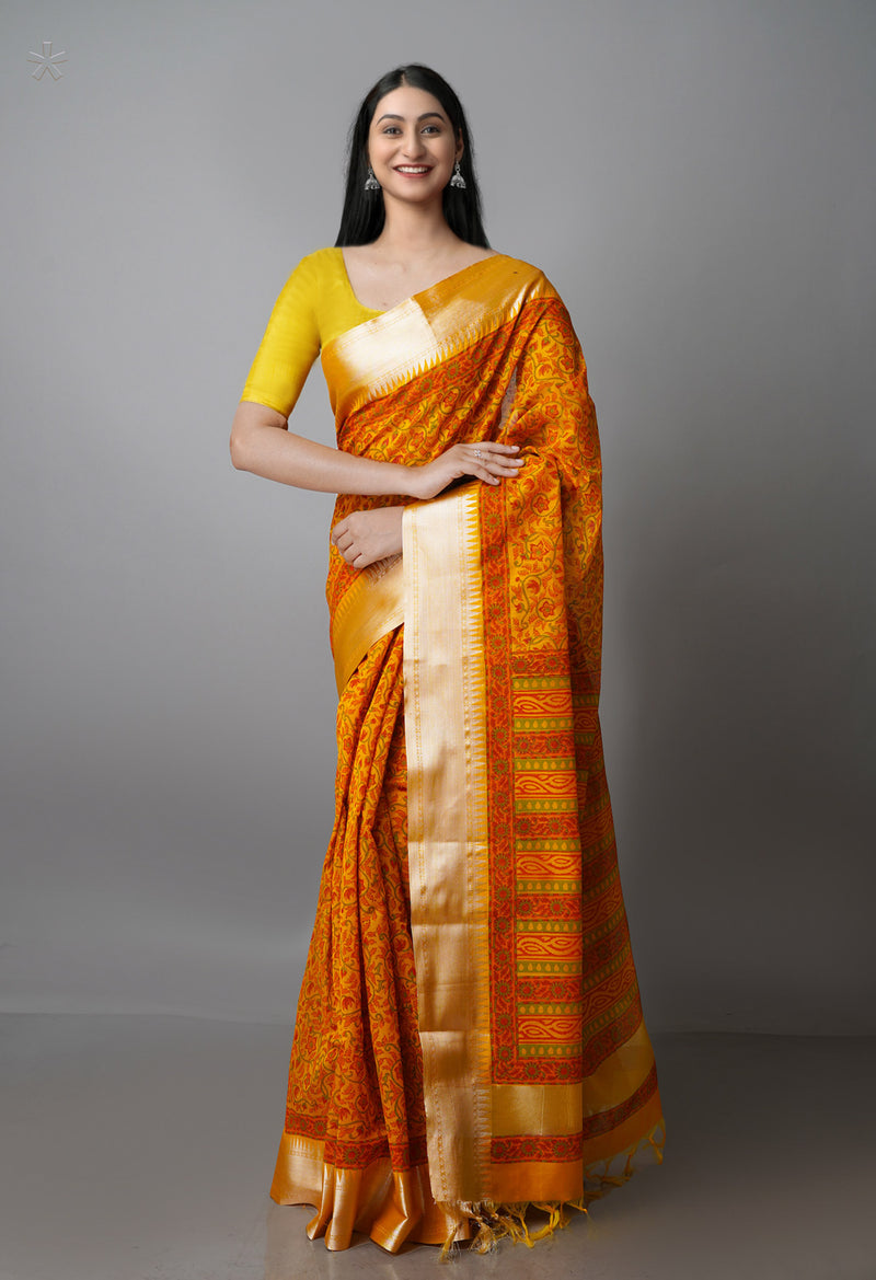 Turmeric Yellow Pure Handloom Chanderi  Sico Saree-UNM70129