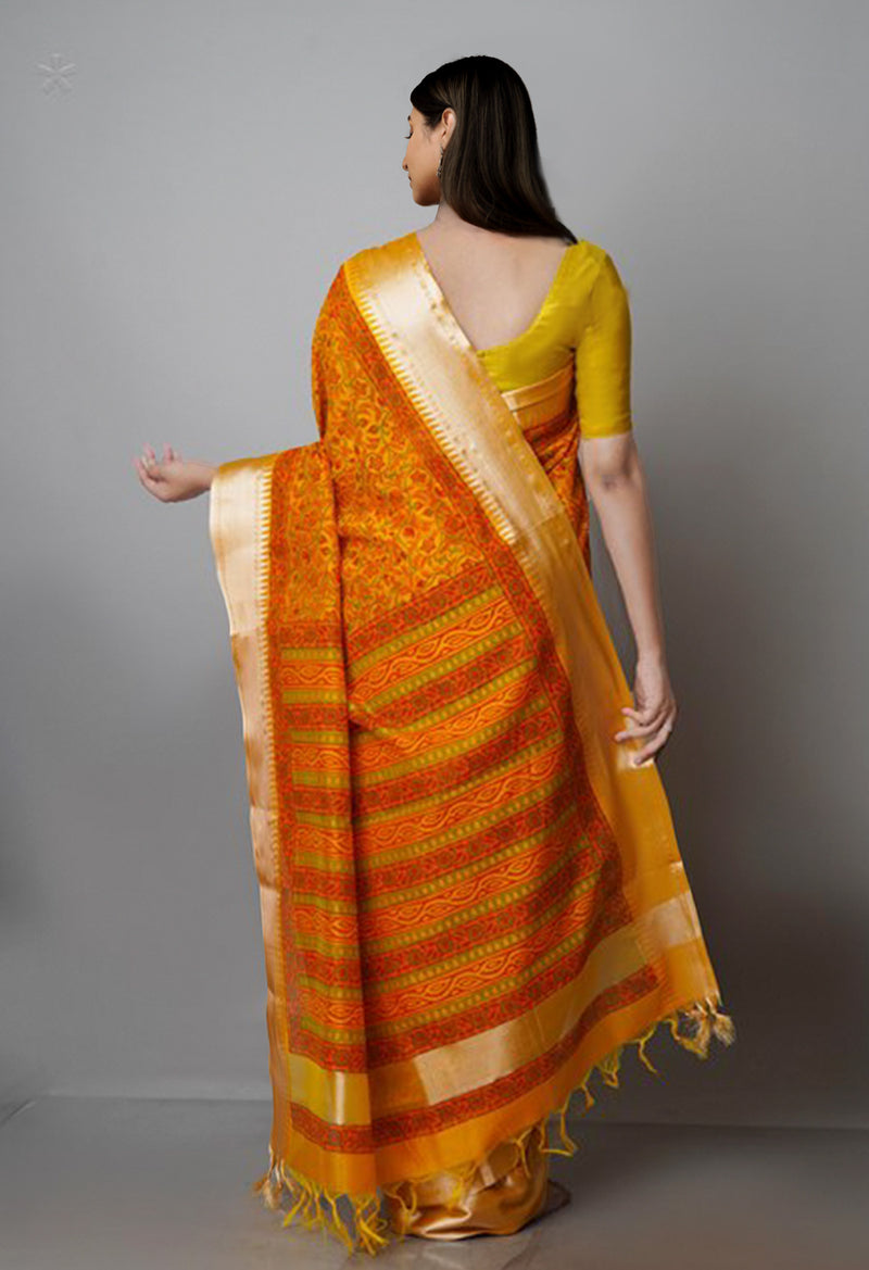 Turmeric Yellow Pure Handloom Chanderi  Sico Saree-UNM70129