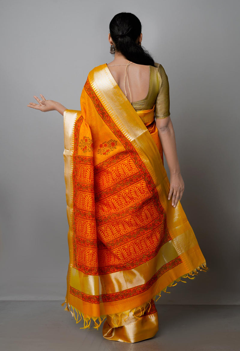Turmeric Yellow Pure Handloom Chanderi  Sico Saree-UNM70133
