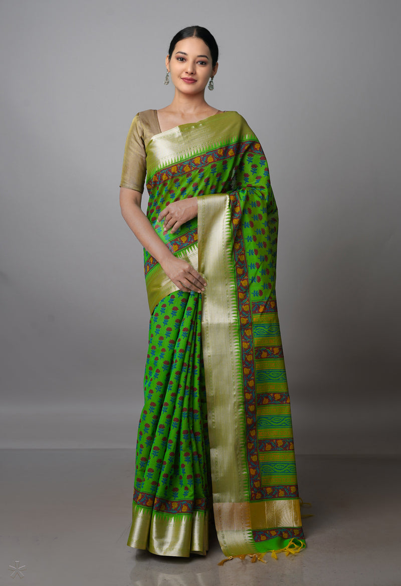 Green Pure Handloom Chanderi  Sico Saree-UNM70136