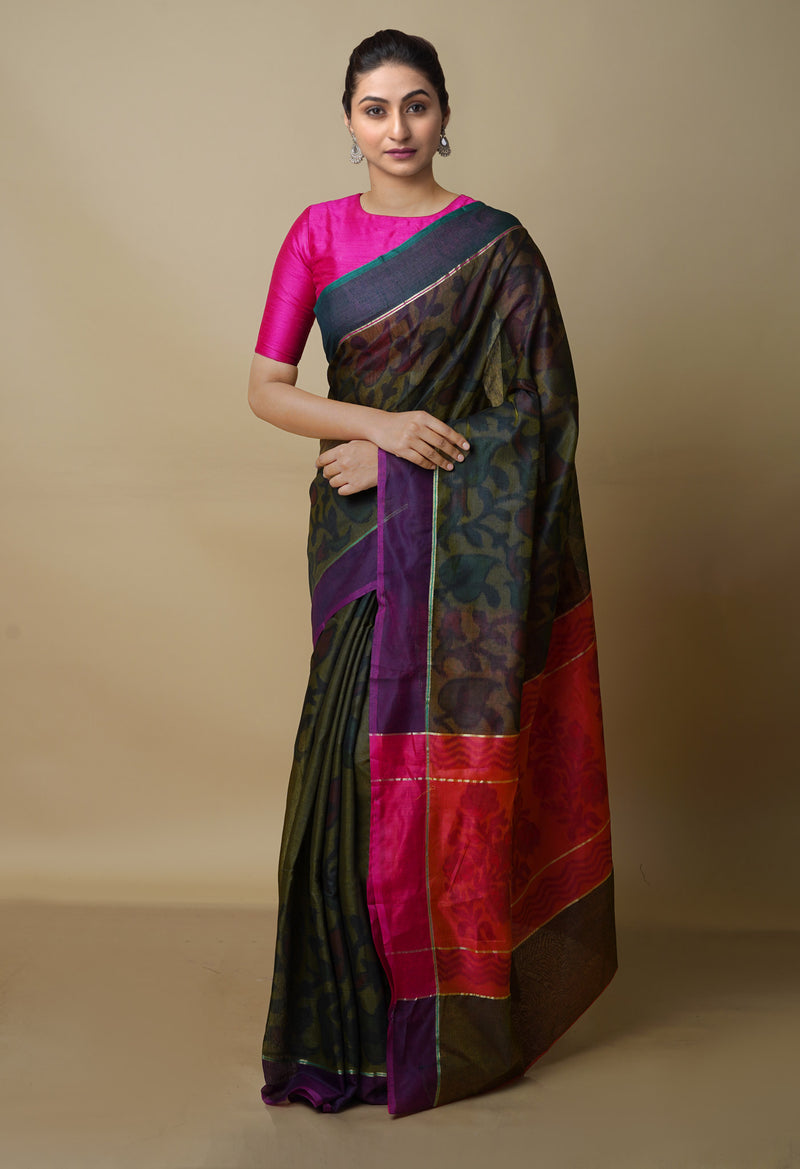 Olive Green  Digital Printed Chanderi  Sico Saree-UNM70180