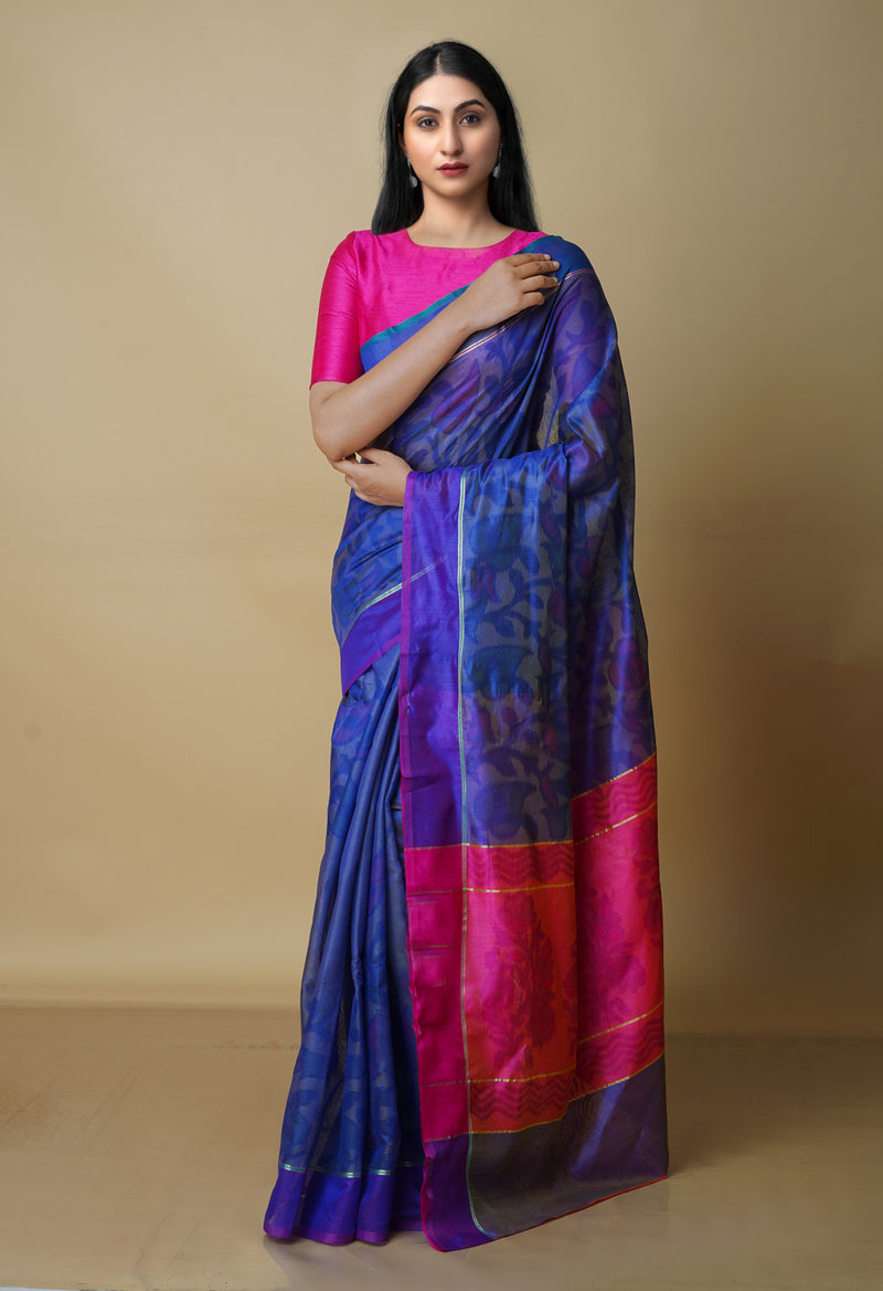 Bluish Grey  Digital Printed Chanderi  Sico Saree-UNM70184