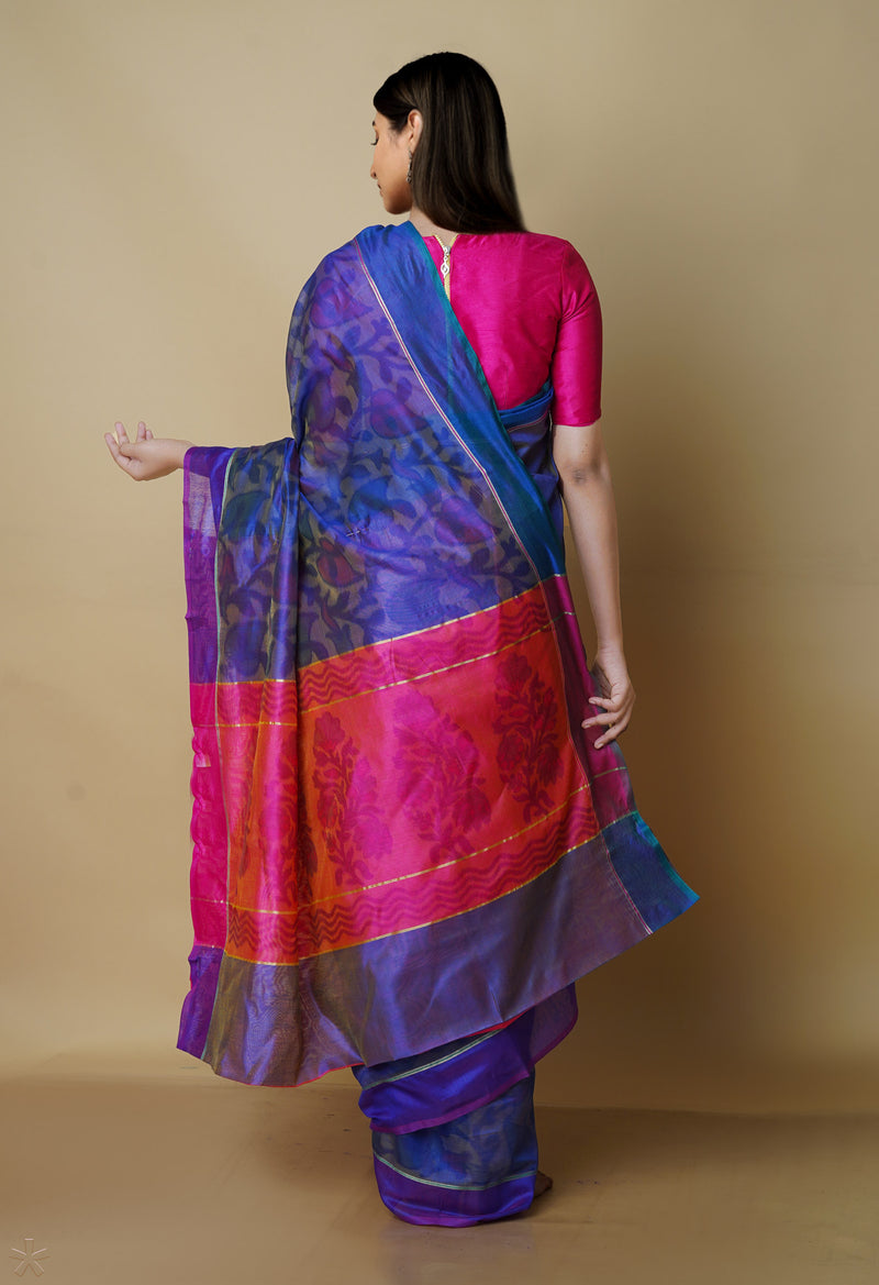 Bluish Grey  Digital Printed Chanderi  Sico Saree-UNM70184