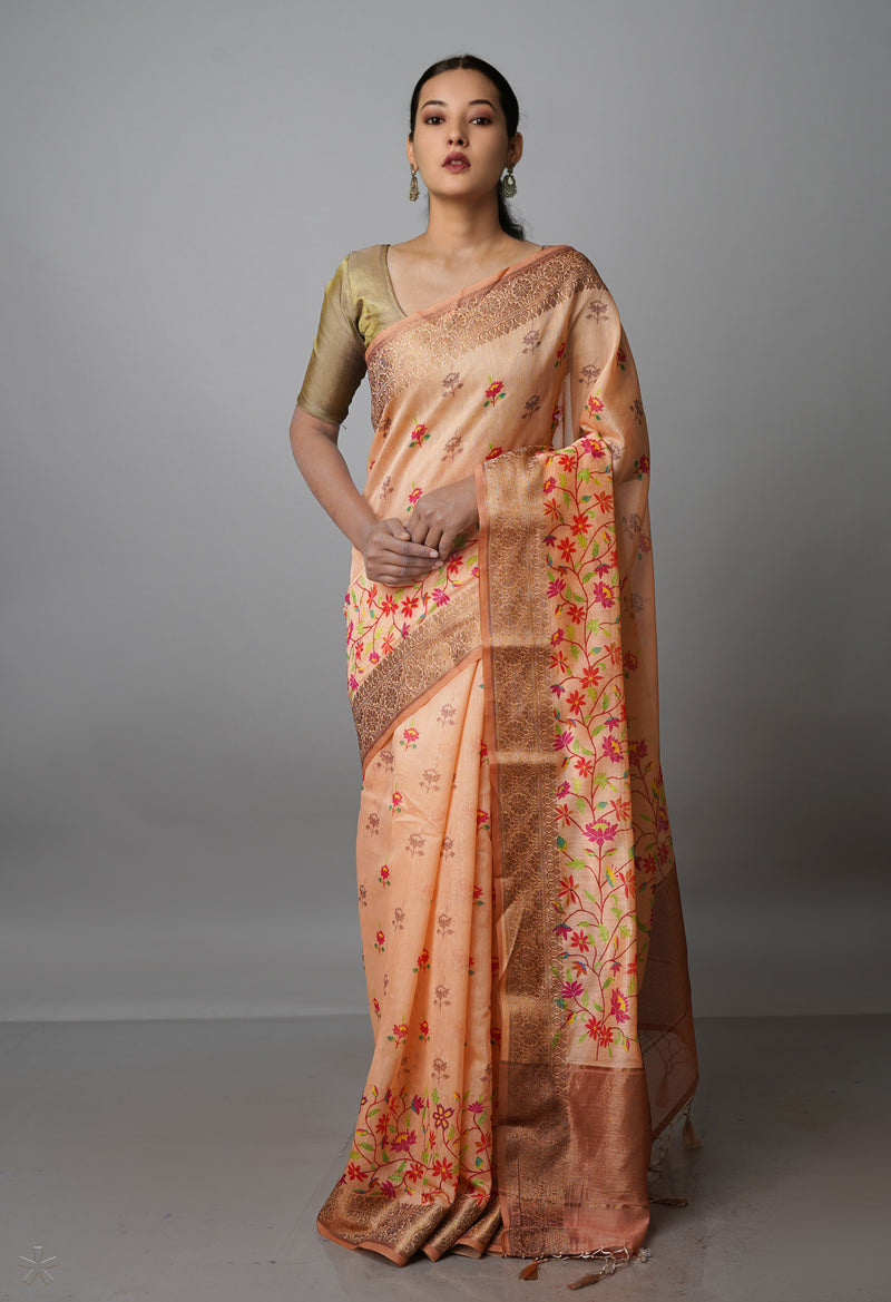 Peach Orange  Chanderi  Silk Saree-UNM70186