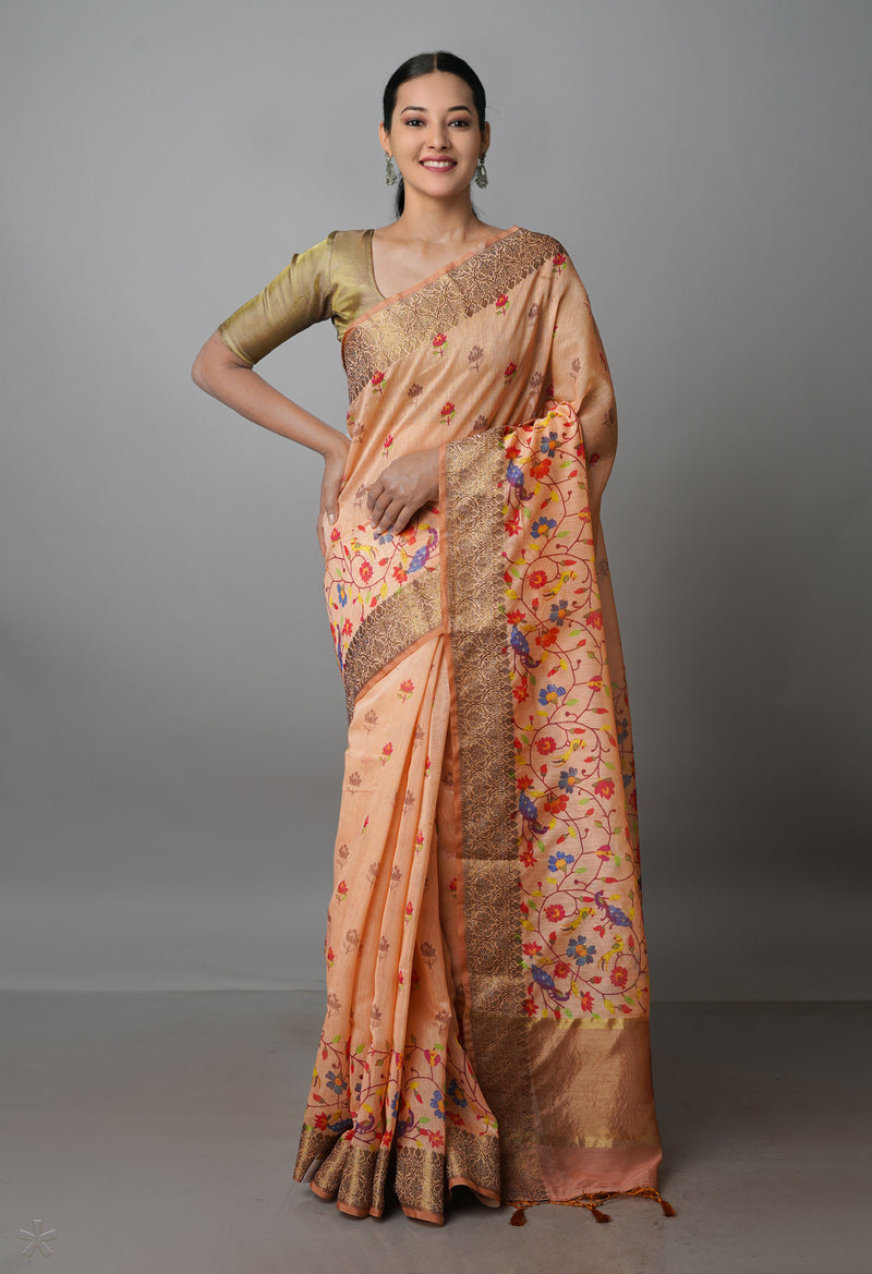 Peach Orange  Chanderi  Silk Saree-UNM70190