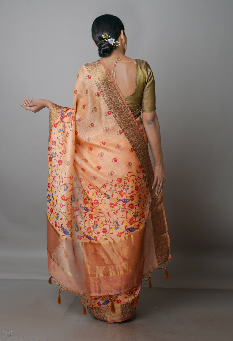 Peach Orange  Chanderi  Silk Saree-UNM70190