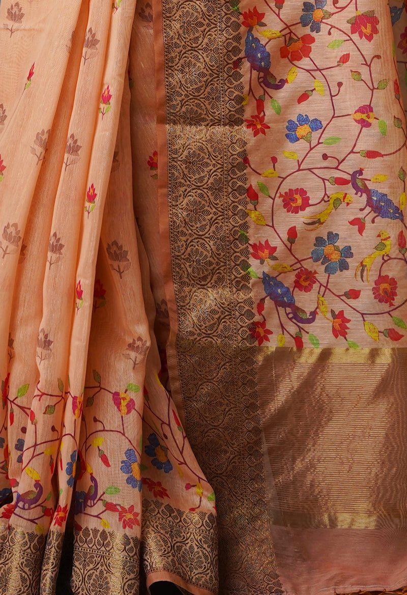 Peach Orange  Chanderi  Silk Saree-UNM70190
