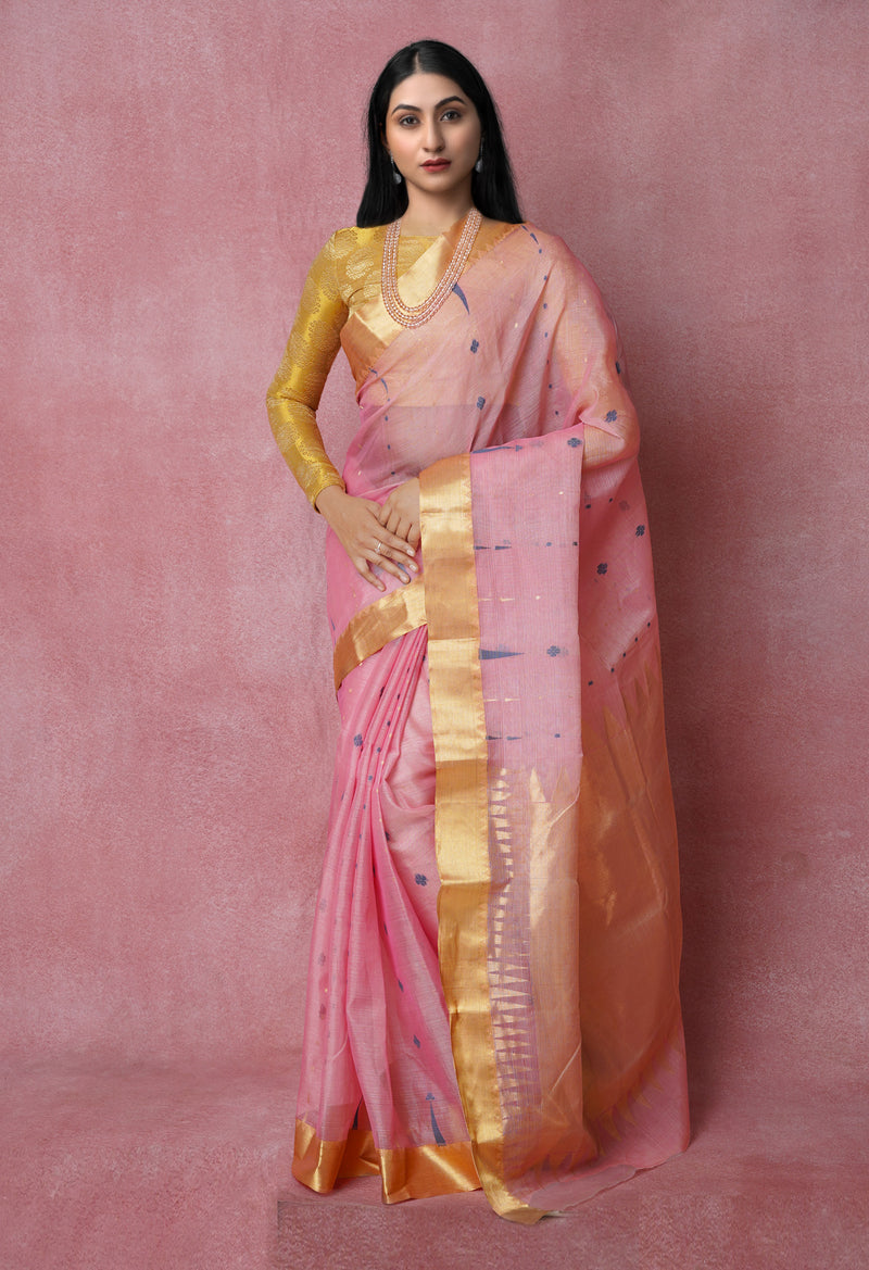 Baby Pink Pure Handloom Tussar Jamdhani Bengal Cotton Saree-UNM70197