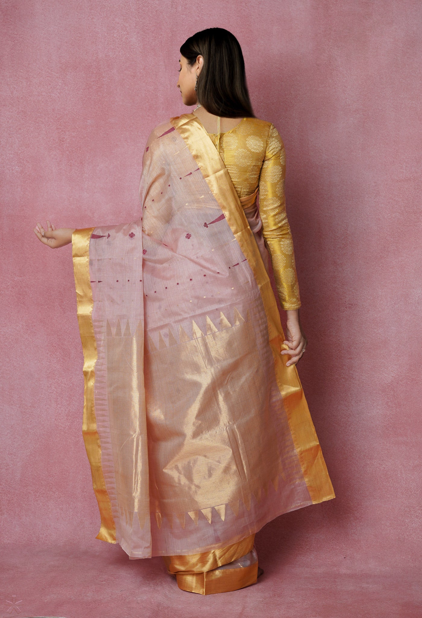 Peach Pink Pure Handloom Tussar Jamdhani Bengal Cotton Saree-UNM70199