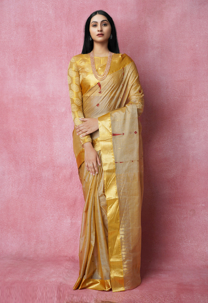 Cream Pure Handloom Tussar Jamdhani Bengal Cotton Saree-UNM70200