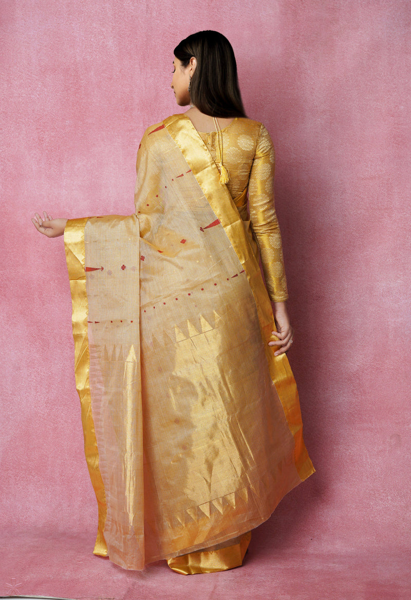 Cream Pure Handloom Tussar Jamdhani Bengal Cotton Saree-UNM70200