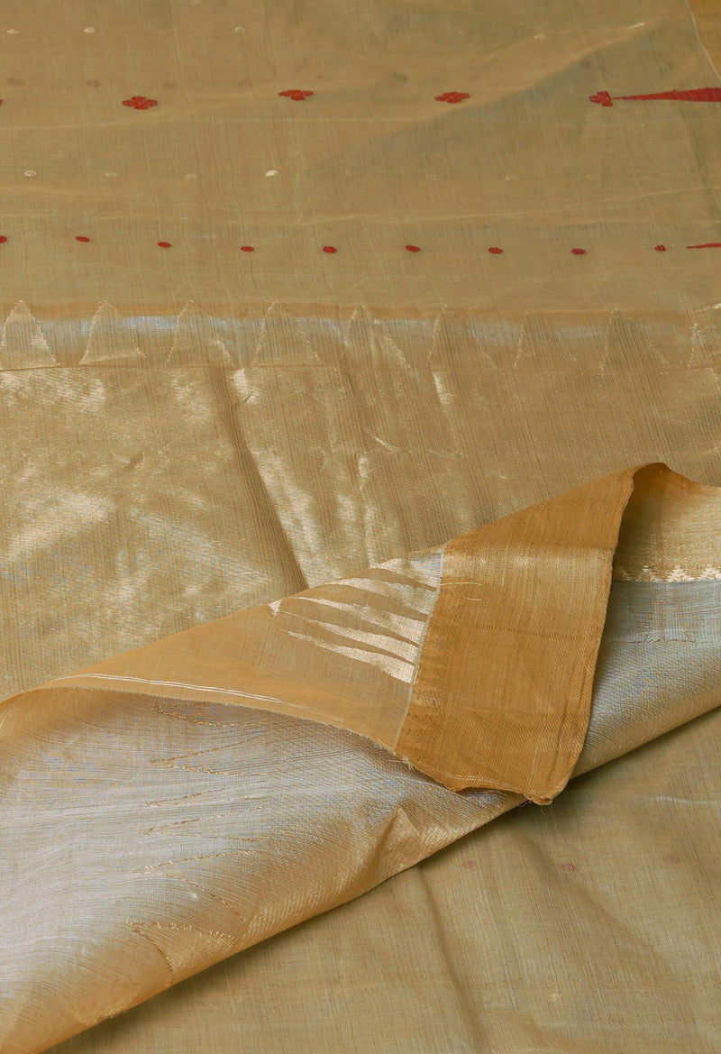 Cream Pure Handloom Tussar Jamdhani Bengal Cotton Saree-UNM70200