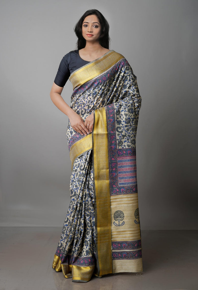 Cream Pure Handloom Bengal Tussar  Silk Saree-UNM70202