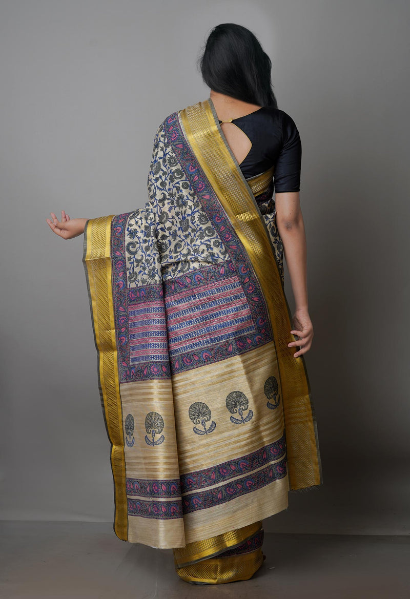 Cream Pure Handloom Bengal Tussar  Silk Saree-UNM70202