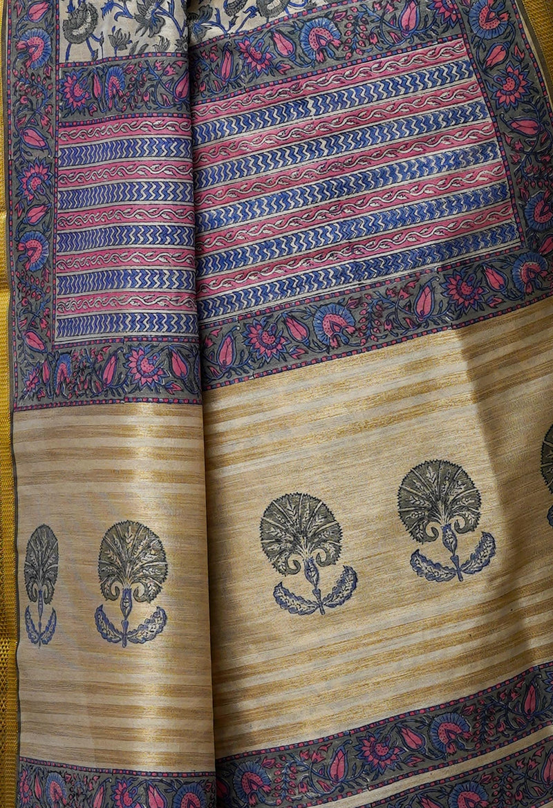 Cream Pure Handloom Bengal Tussar  Silk Saree-UNM70202
