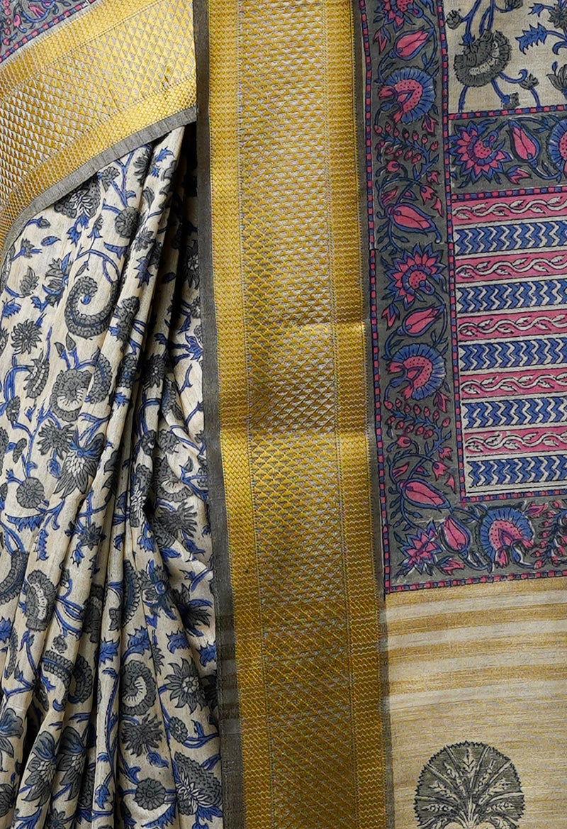 Cream Pure Handloom Bengal Tussar  Silk Saree-UNM70202