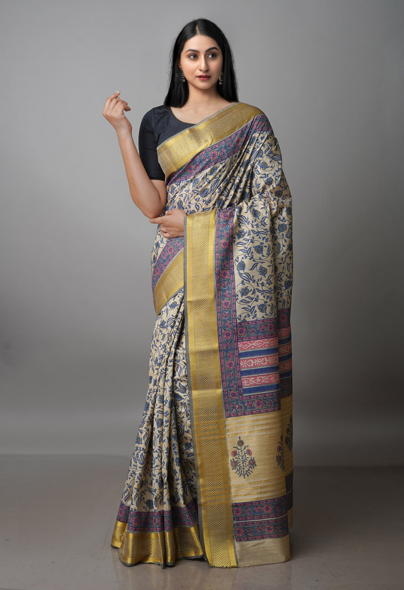 Cream Pure Handloom Bengal Tussar  Silk Saree-UNM70205