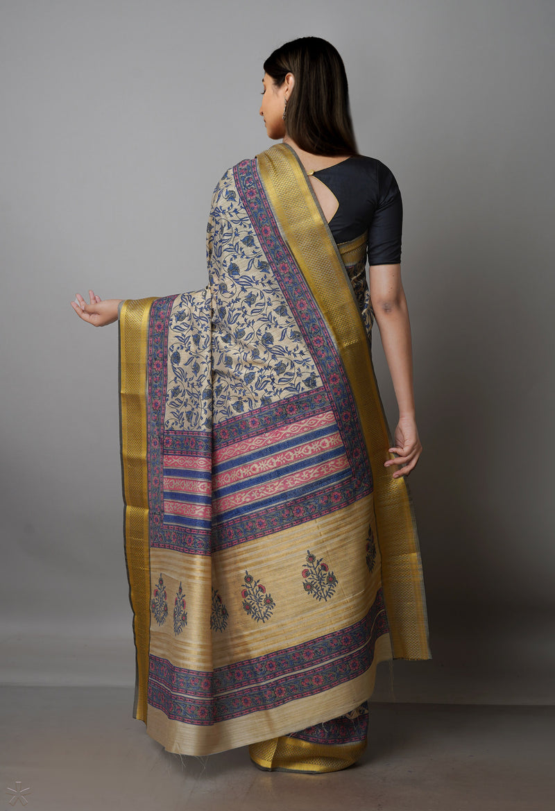 Cream Pure Handloom Bengal Tussar  Silk Saree-UNM70205
