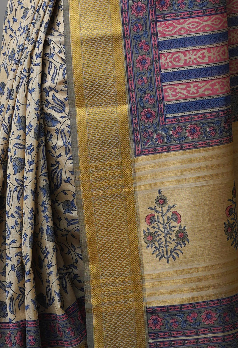 Cream Pure Handloom Bengal Tussar  Silk Saree-UNM70205