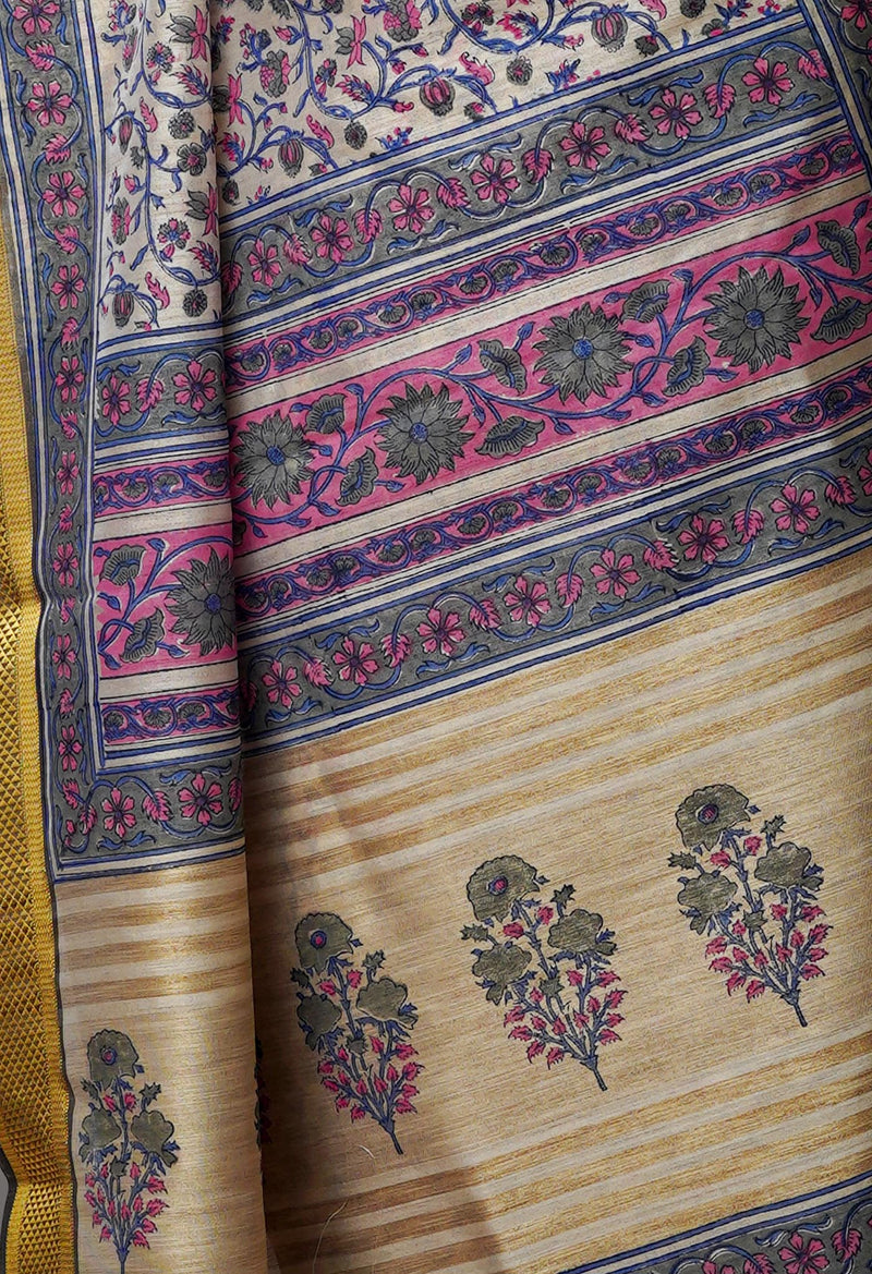 Cream Pure Handloom Bengal Tussar  Silk Saree-UNM70206