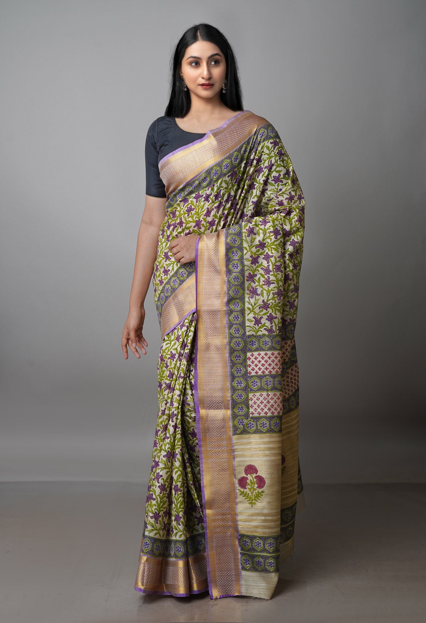 Cream Pure Handloom Bengal Tussar  Silk Saree-UNM70207