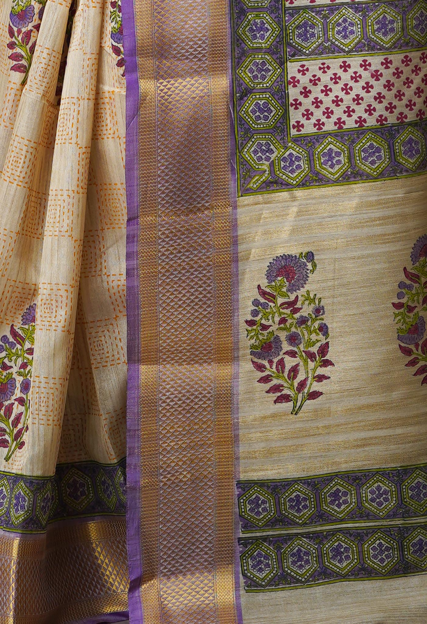 Cream Pure Handloom Bengal Tussar  Silk Saree-UNM70208