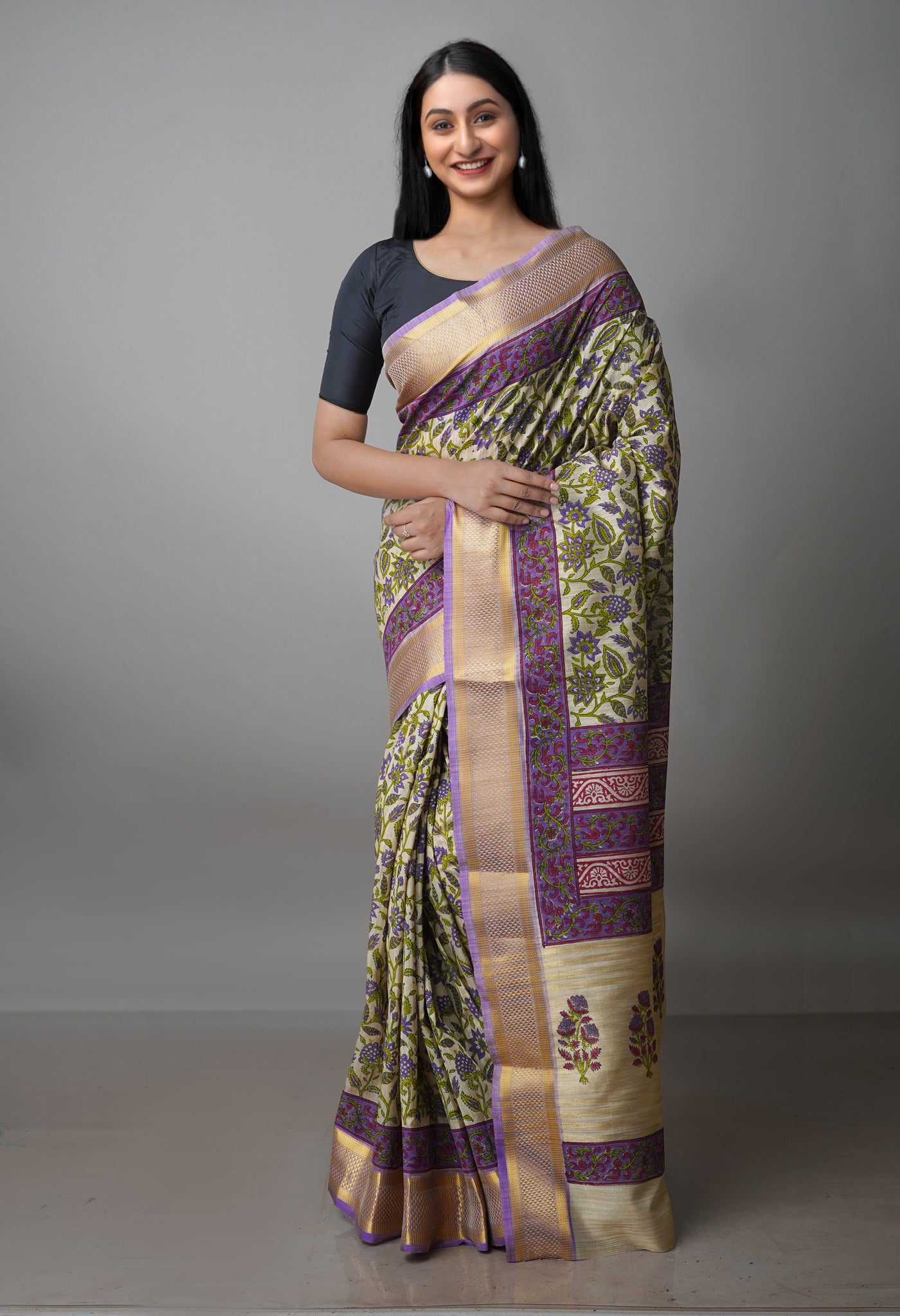 Cream Pure Handloom Bengal Tussar Silk Saree