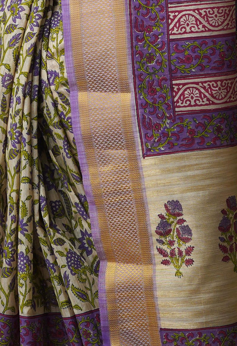 Cream Pure Handloom Bengal Tussar  Silk Saree-UNM70209