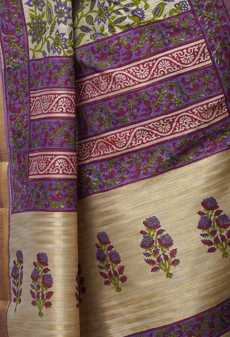 Cream Pure Handloom Bengal Tussar  Silk Saree-UNM70209