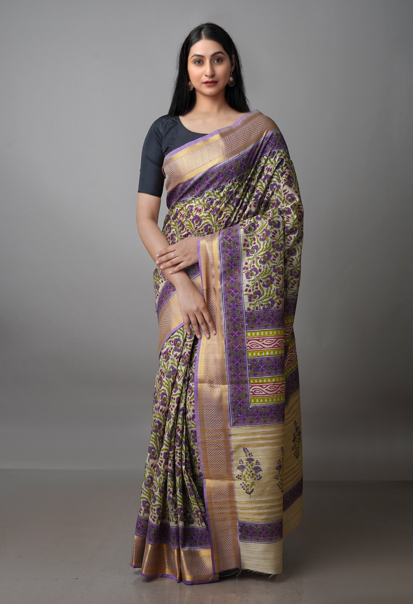 Cream Pure Handloom Bengal Tussar Silk Saree