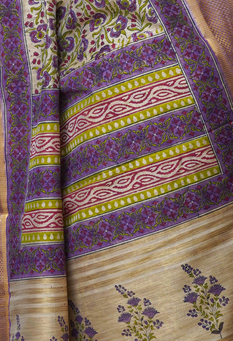 Cream Pure Handloom Bengal Tussar  Silk Saree-UNM70211