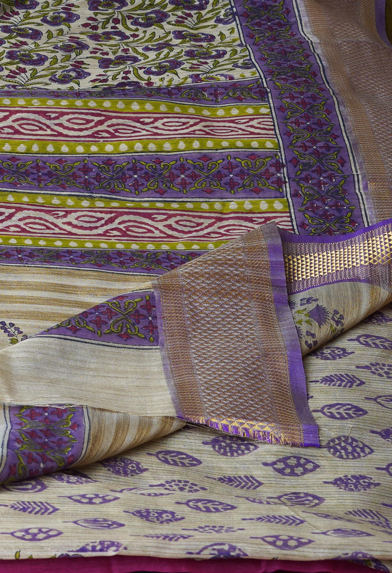 Cream Pure Handloom Bengal Tussar  Silk Saree-UNM70211