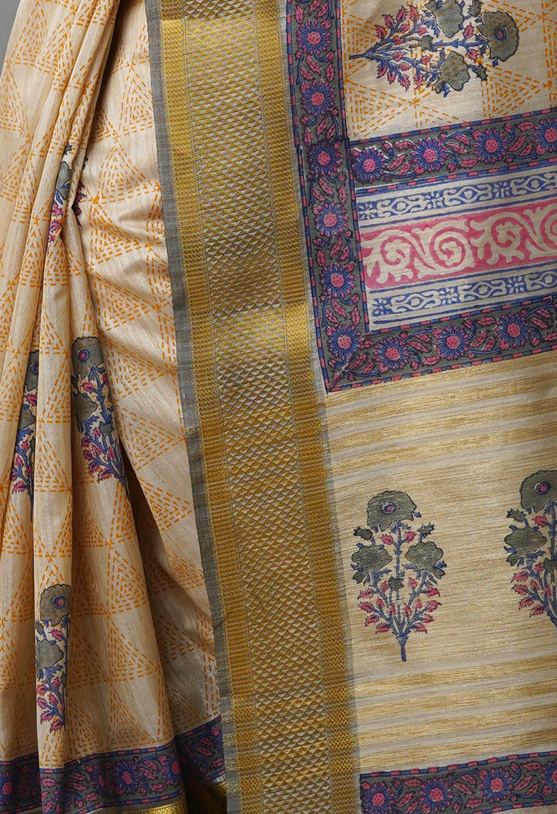 Cream Pure Handloom Bengal Tussar  Silk Saree-UNM70212