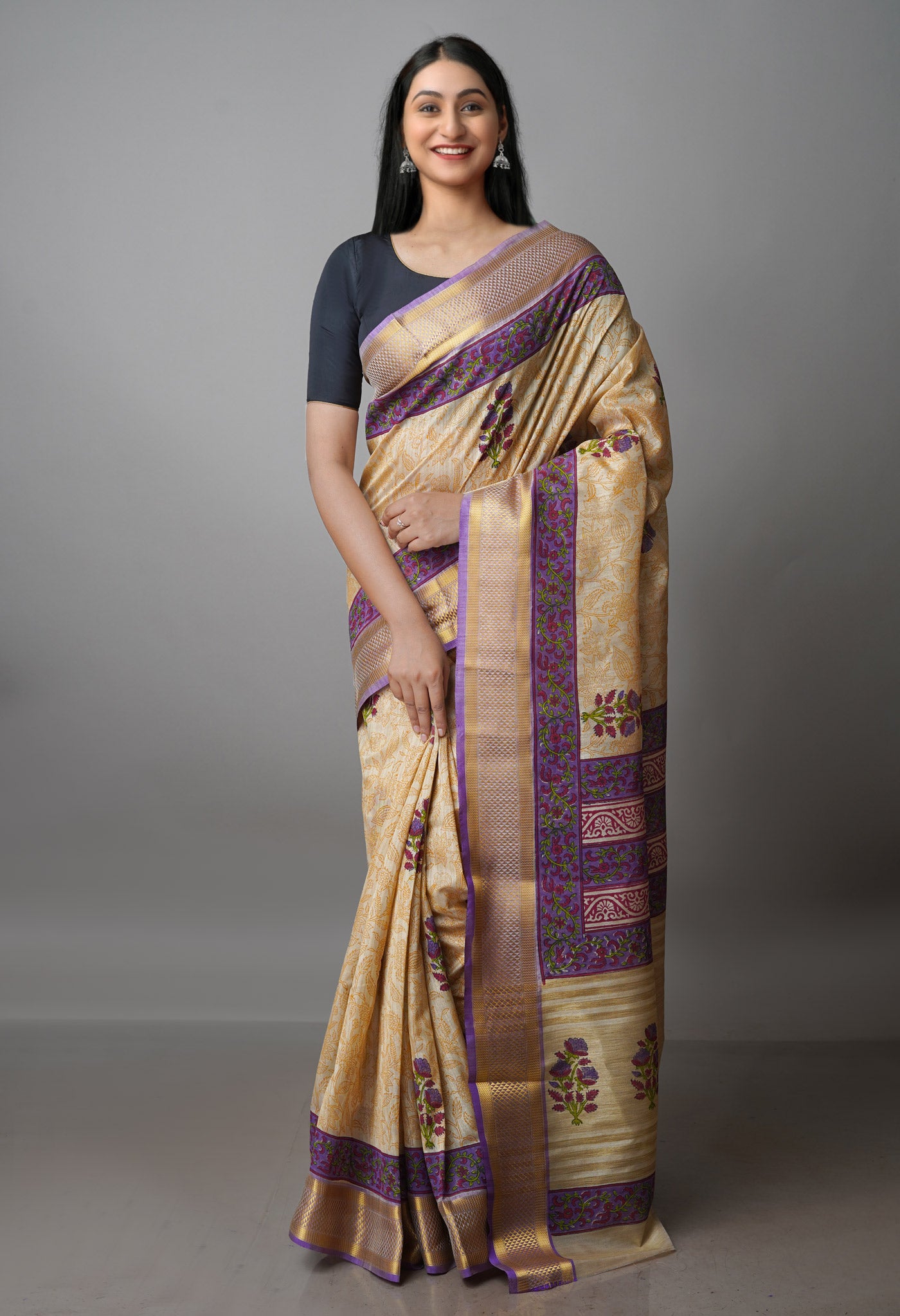 Cream Pure Handloom Bengal Tussar  Silk Saree-UNM70215